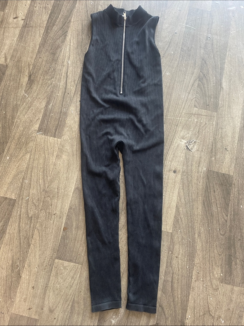 Sleeveless Black Ribbed Jumpsuit with Front Zip